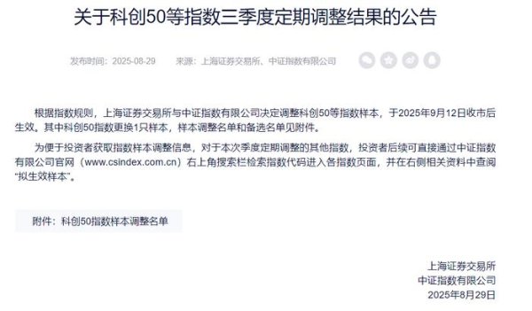 牛跟投 A股，重要指数调整！9月12日收市后生效
